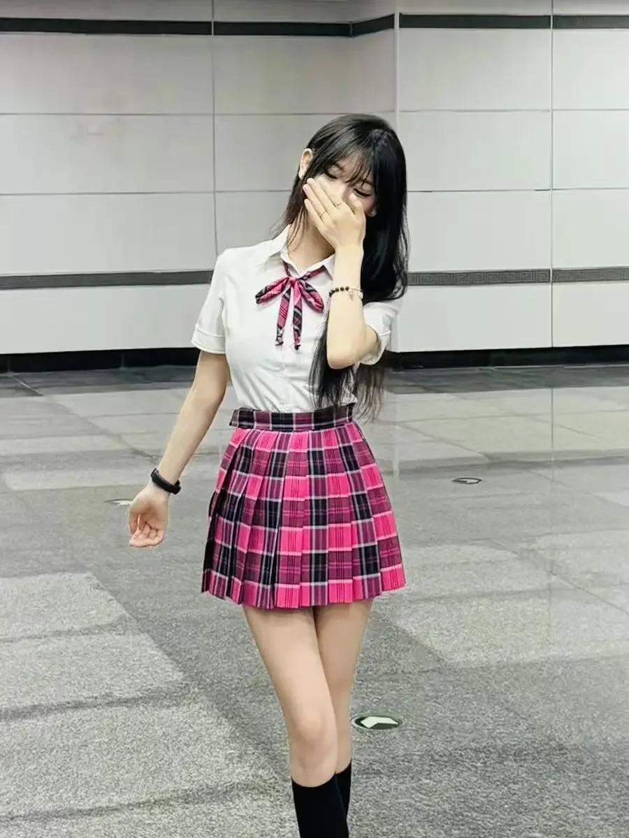 Original White Waist-Cinching Shirt Short-Sleeved Women's Fashion Set School Uniform Style Checkered Skirt Three-Piece Suit