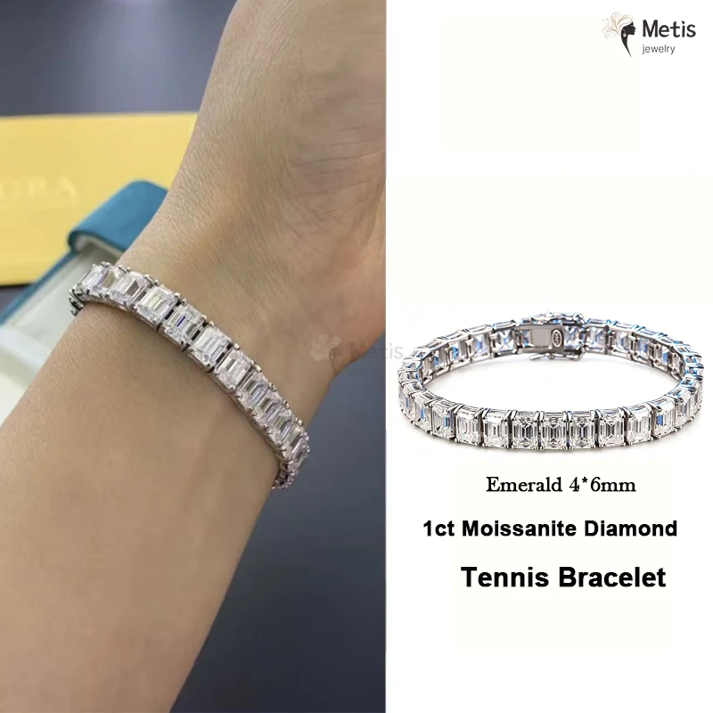 100% 925 Sterling Silver VVS1 3EX D Color 1CT Emerald Cut Diamonds Gemstone Real Moissanite Bracelets Bangle Jewelry