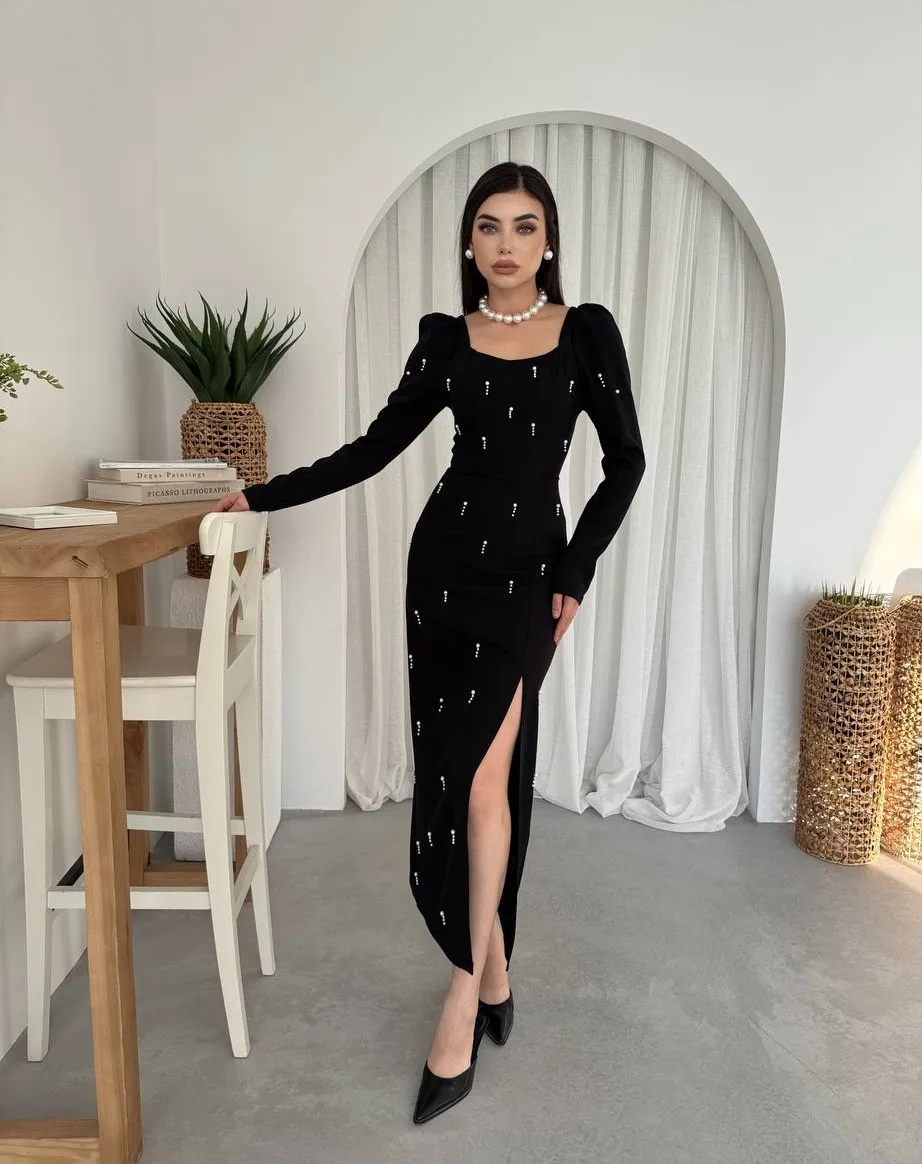 Customized Temperament Square Collar Long Sleeves Pearls Evening Dresses Graceful Pleats Black Vestido De Noche Vestido De Festa