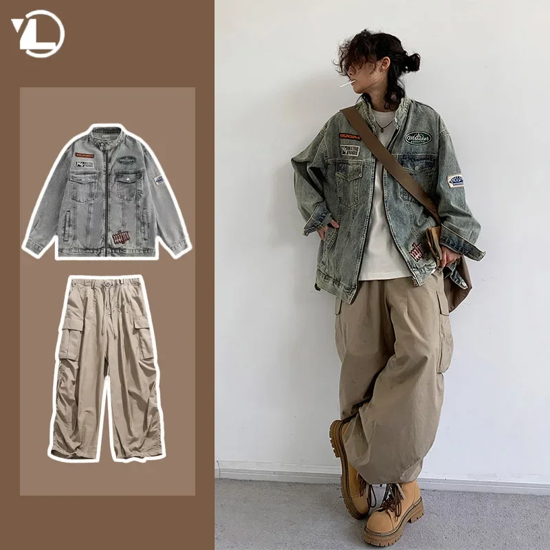 Korean Harajuku Men 2-piece Set Autumn Fashion Hip Hop Male Suit Embroidery Stand Collar Denim Jacket+Casual Pants Ensemble