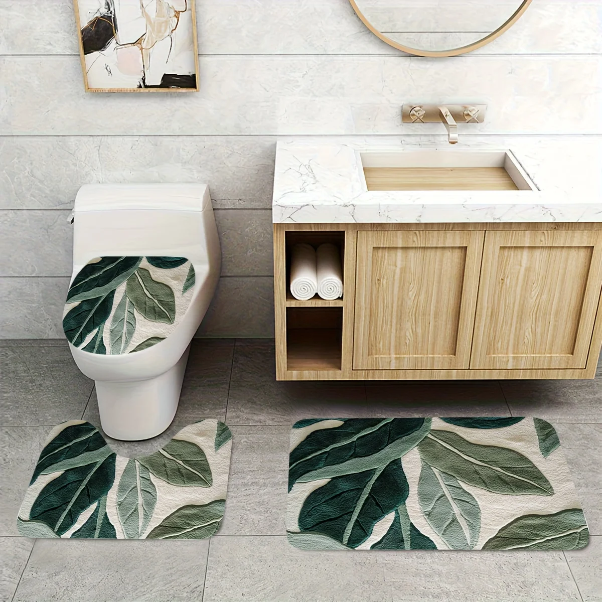 

3pcs Abstract Green Leaf Print Bathroom Rug Set, Toilet Lid Cover, U-Shaped Toilet Mat, Flannel Material, Soft Surface, Non-Slip