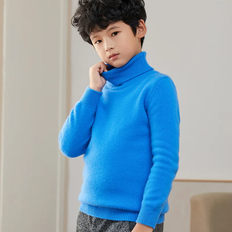 boys Sweater Winter Childrens 100% wool Thickened warm clothing pullover Sweater Solid color high neck cashmere bottom Sweater