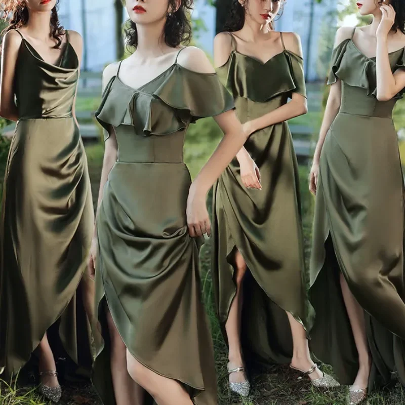 Customized Stain Elegant Temperament Simple Temperament Bridesmaid Dresses Slim Waist Split Ruffles Design Sexy Wed Prty Dress