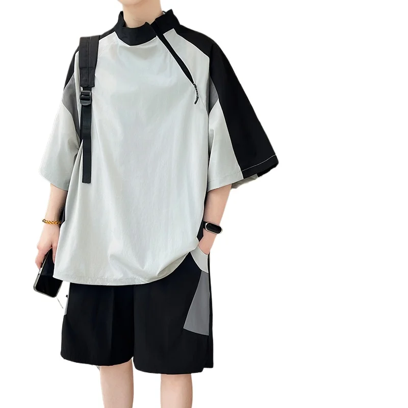 

【T-Shirt + 5-Point Shorts】Men's T-Shirt Set Summer Fashion Nylon Blend Diagonal Neck Streetwear Sports Leisure Two-Piece Suit