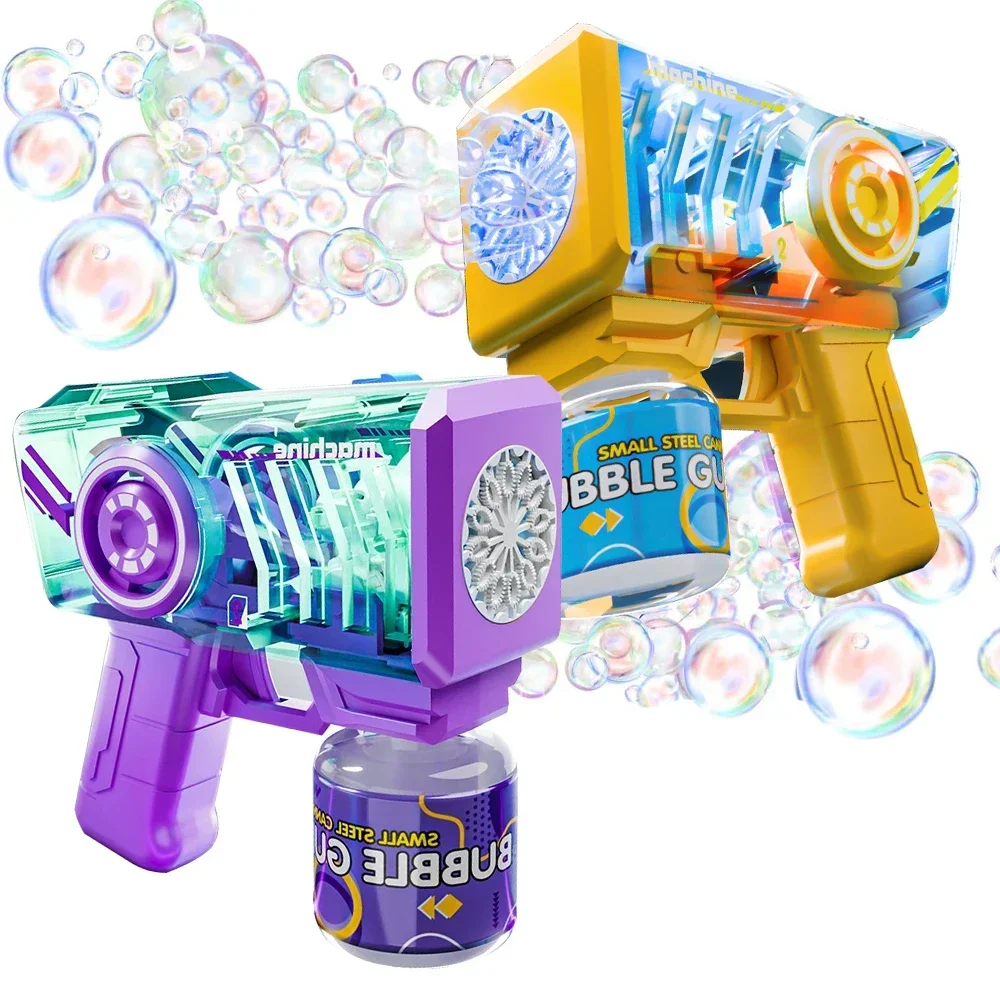 Pistola de bolhas elétrica com 12 buracos, soprador automático completo, brinquedos, máquina de sabão com luz, portátil, fabricante de bolhas, jogo ao ar livre, presente para crianças