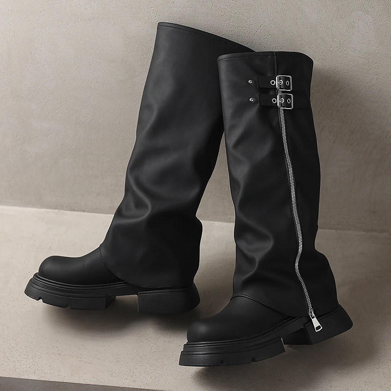 

News Fashion Punk Style Splicing Thick Bottom Women Knee-High Boots Fashion Zipper Female Pleated Knight Long Booties Shoes