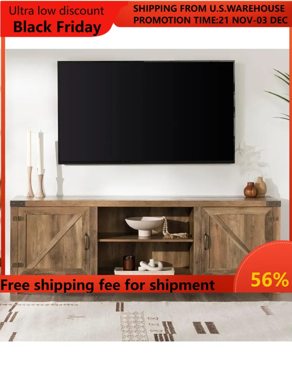 

Georgetown Modern Farmhouse Double Barn Door TV Stand for TVs up to 80 Inches, 70 Inch, Rustic Oak, Without Fireplace