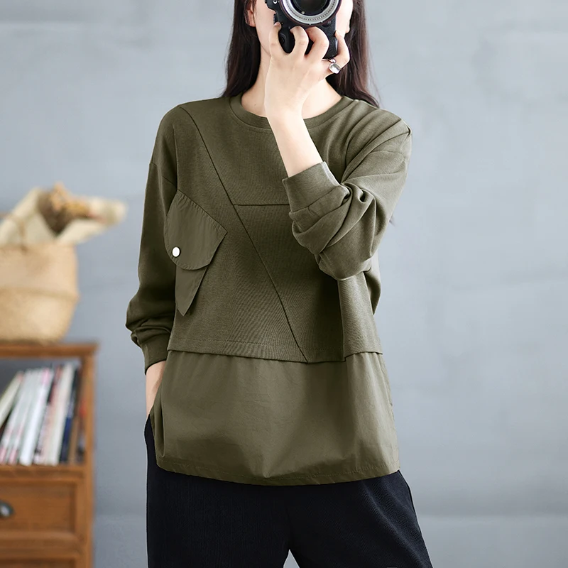 Faionable Allentato Casual irt Donna Inizio Autunno 2025 Nuovo Patchwork Colore Blo Felpa con Grandi kets Top da Donna