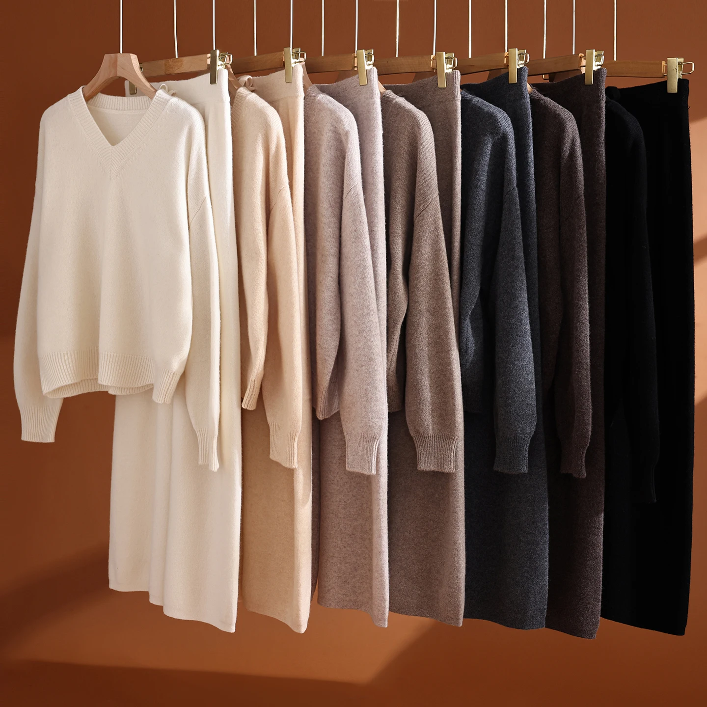 Elegant Women Solid Knit Set 100% Merino Wool Autumn Winter Warm V-Neck Pullover Drawstring Wide Leg Pants Daily Commute Outfit
