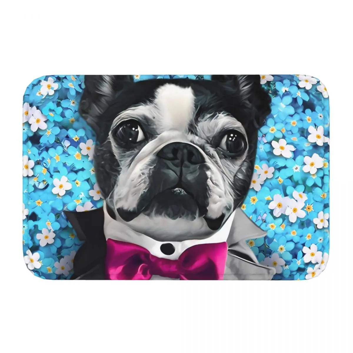 Boston Terrier In A Field Of Forget Me Not Flowers Anti-Slip Rug Doormat Bath Mat Hallway Carpet Entrance Door Decorative