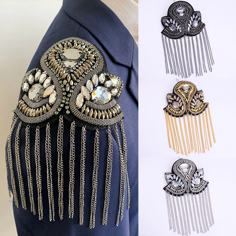 Beaded Crystal Epaulette Clothes Punk Coat Suit DIY Chain Tassel Badge Rhinestones Epaulets Shoulder  Sweater Patches Appliques