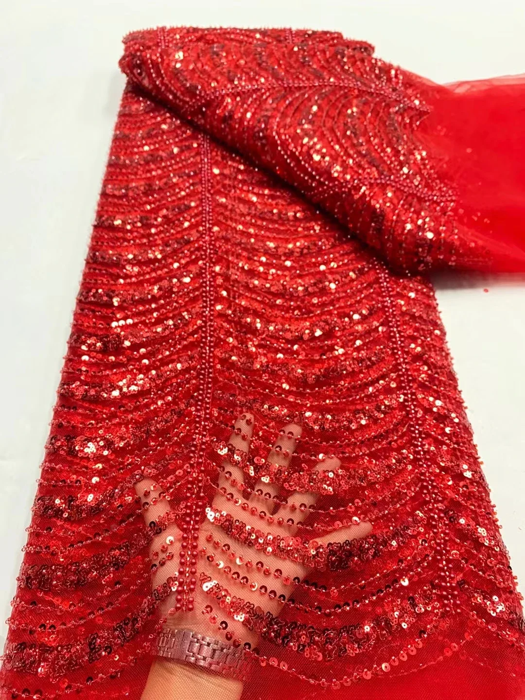 

Luxury Red French Handmade Beads Lace Fabric Latest African Tulle Lace Fabric Nigerian Fabric For Wedding Party Dress LDP23242