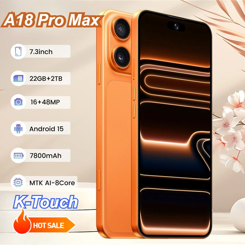 Smartphone Android K-Touch pour A18 Pro Max 5G, téléphone portable, écran Full 7,3 pouces, 22 Go de RAM, 2 To de ROM, appareil photo 48 MP, caméra selfie 16 MP, batterie 7800 mAh, processeur Octa Core, Face ID, double SIM, 4G LTE, GSM débloqué, Android 15, avec GPS et Wi-Fi