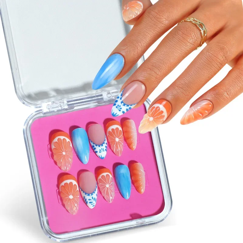 

EOEKKY New Hand-made Wear Nails Summer Orange Beauty Fake Nails 10 Pieces Removable Nail Art Short Press on Nails