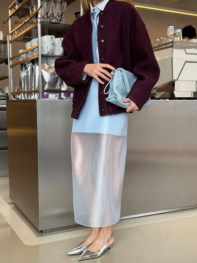 MiuKoMiYa Women Transparent Long Skirt Of White Summer Patchwork High Waist Mesh See Through Maxi Women Skirts Street Blue