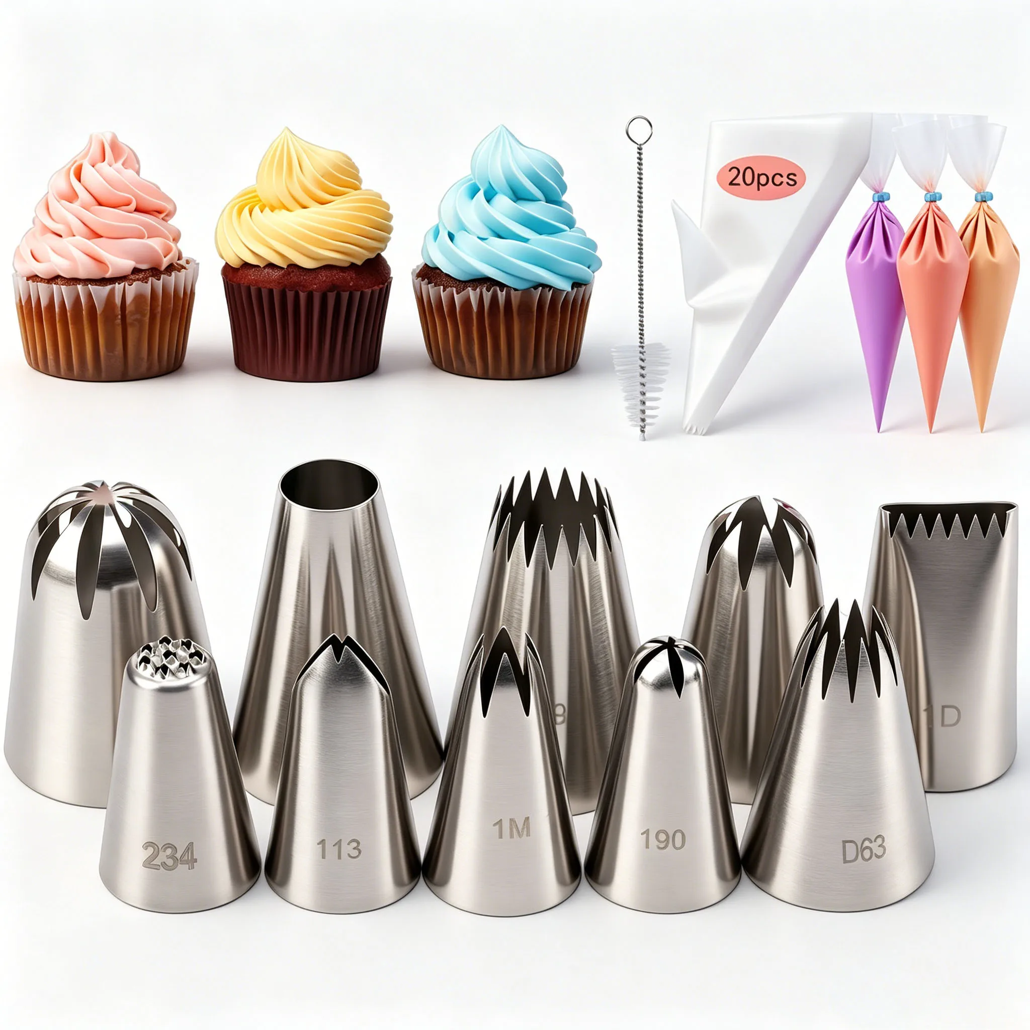 31Pcs Cake Decorating Piping Tips Set Stainless Steel Icing Nozzles With Disposable Piping Bags Brush Baking Tools For Beginners