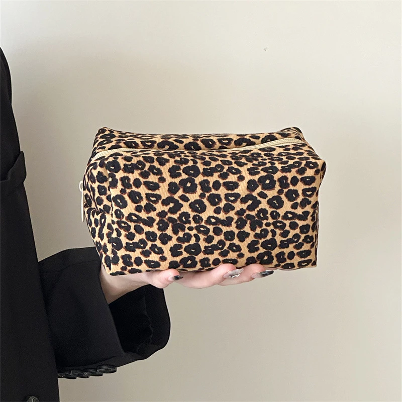 Bolso de mano de pana de leopardo, bolsa de maquillaje cosmético, bolsa cuadrada con cremallera, organizador de artículos de tocador de viaje portátil de gran capacidad