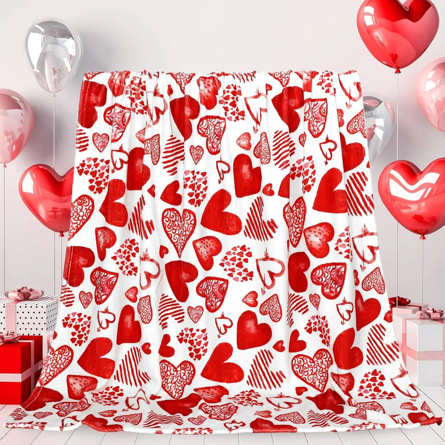 Soft And Cozy Red Heart-Themed Fuzzy Blanket for Valentine'S Day, Perfect for Parties Or Home Use on Beds, Sofas, Or Chairs, Mea