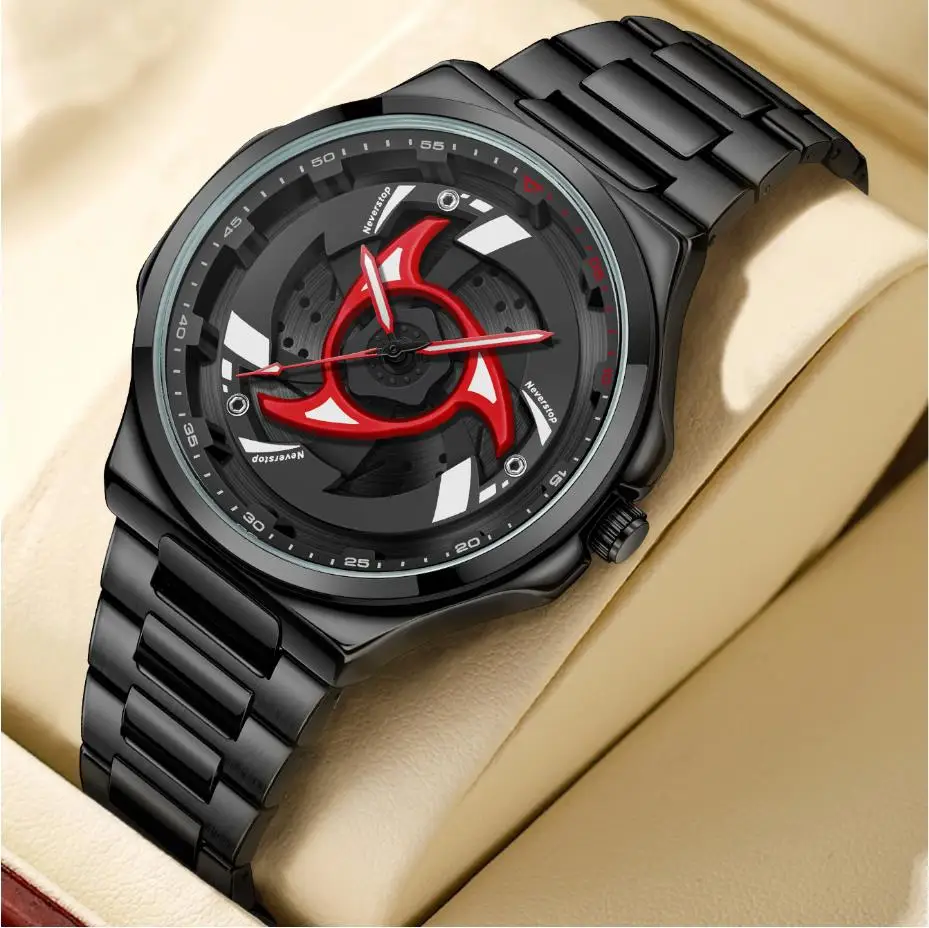 Montre pour homme haut de gamme à bracelet en acier, avec cadran rotatif créatif en forme de lame et mouvement à quartz tendance