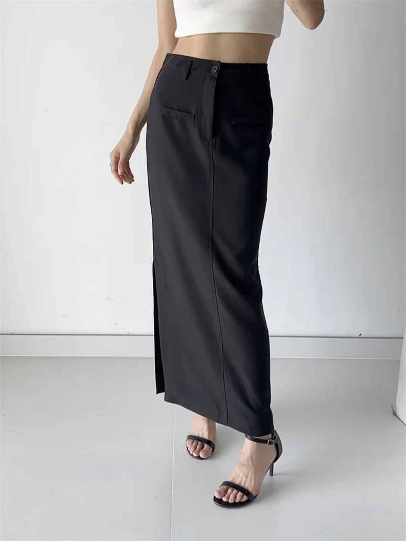 KEYANKETIAN Autumn New Women's Side Split Skirt Zip-up High Waist Solid Office Lady Straight Ankle MIDI Skirt Solid