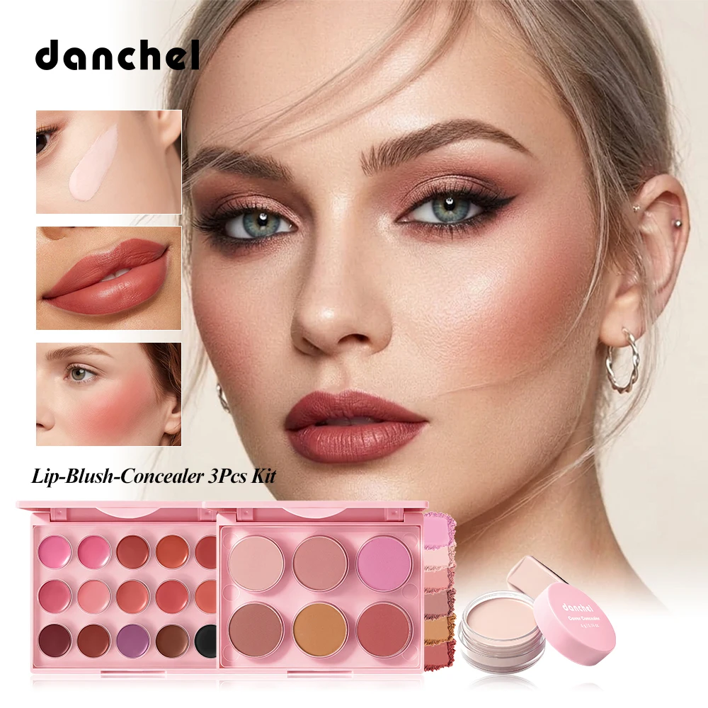 Lip‑Blush‑Concealer 3Pcs Kit Buildable Smooth Coverage Concealer High-Pigment Lip Color Palette Natural 6-Shade Blush Palette