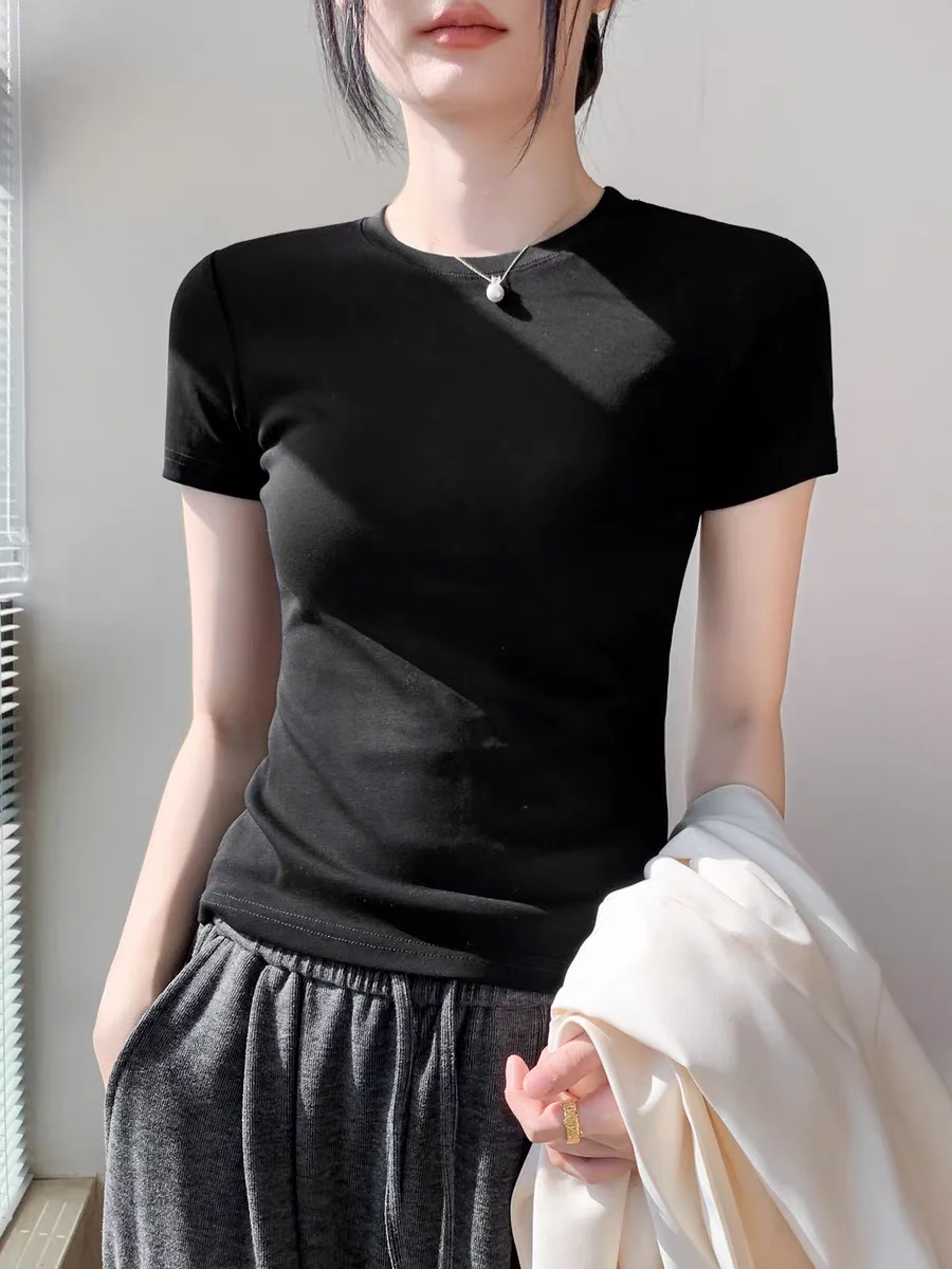 Baumwoll-T-Shirt für Damen Sommer 21 Einfarbig O-Ausschnitt Sexy Büro-Damen T-Shirt Figurbetont Schmal Basic Top Lässige Modekleidung – Detail 6