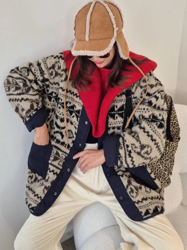 

Korean Sle Retro Fair Isle Double-Sided Wear Lamb Fur Warmth Outerwear for Women Winter ular Trendy Cotton Coat