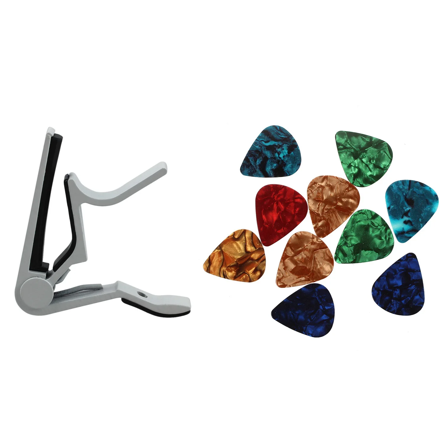 BARU 1Pcs Klip Capo Gitar White-Handed dengan Penggantian Cepat & 10 Pcs Pick Gitar Celluloid Berwarna-warni yang Stylish 0.47mm