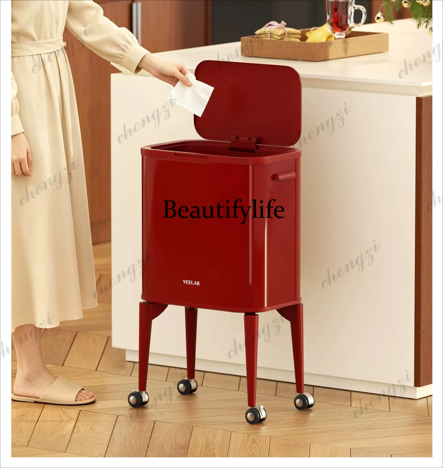 Kitchen Trash Can Living Room No Bend Tall Home Large Capacity Pulley Removable Pulley Red