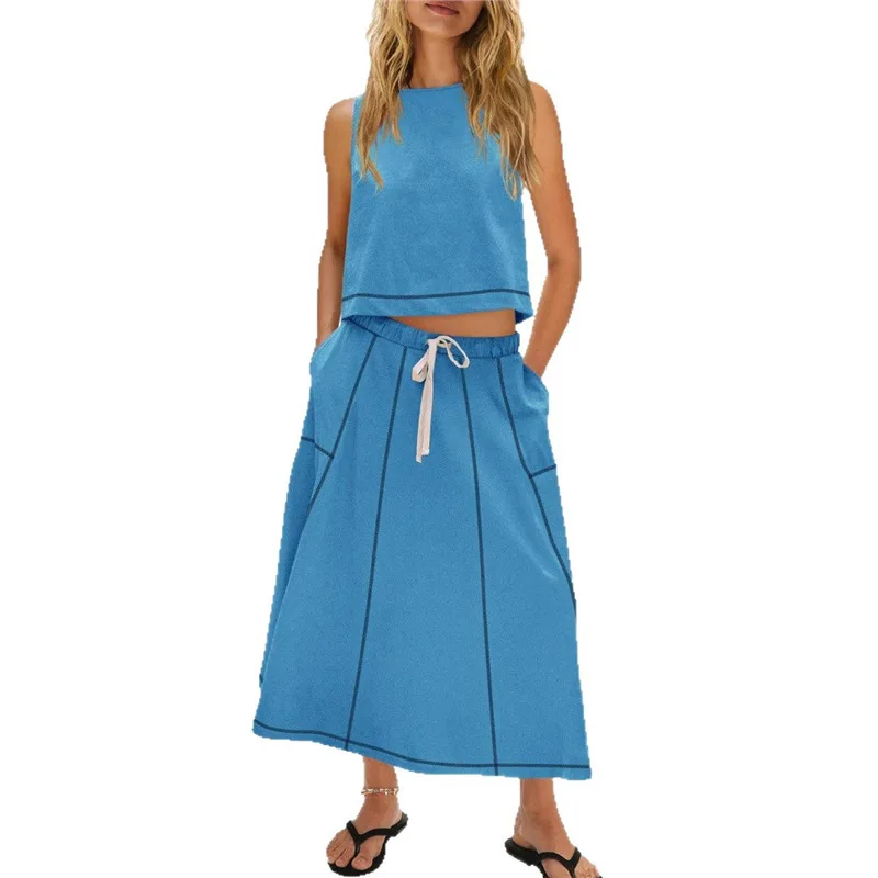 

Design Sense Skirt Two Piece Set Women Sleeveless Vest Elastic Waist A-line Skirts 2 Piece Sets Casual Vacation Style Summer New