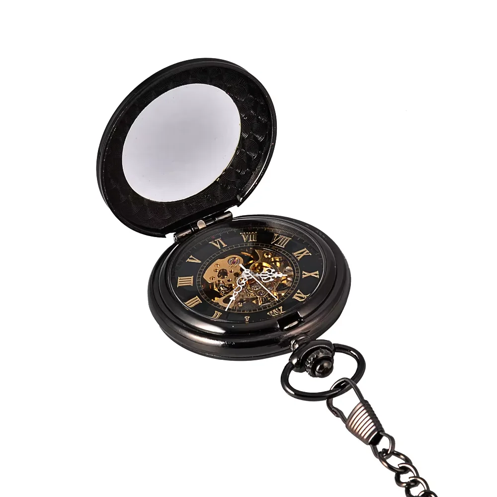 8942Fashion retro black big size mechanical pocket watch decorative pattern Rome scale with thick chain pocket watch