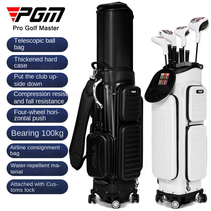 PGM full body hard shell golf bag for men and women four-wheel flat push aviation checked bag with customs lock