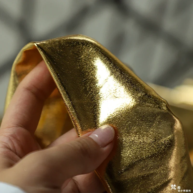 Designer Fabric TPU Artificial Leather Soft Bright Gold Mirror Coated Elastic Knitted Fabric Diy Sewing By The Meter Wholesale