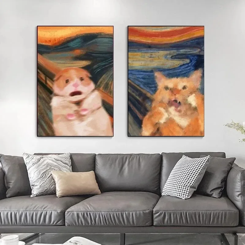 Vintage Funny Cat and Hamster Wall Art – HD Canvas Print Poster for Home, Living Room, and Room Decoration