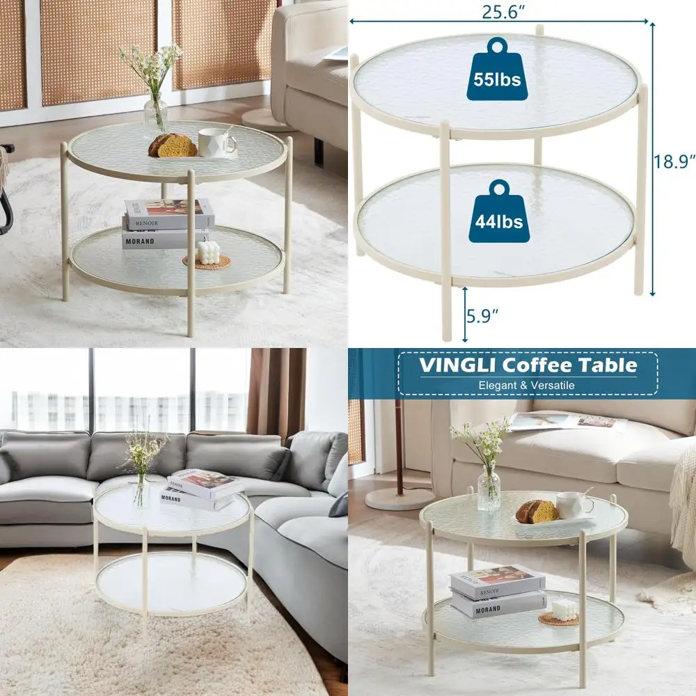 

Round Glass Coffee Table with 2-Tier Modern Style, Cream White Water-Wave Design, Small Center Table for Living Room