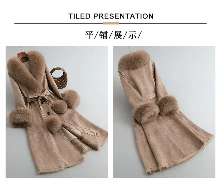 2023 New Rabbit Fur One Piece Coat for Women Mid length Fox Fur Collar Lace up Slim Fit Haining Fur Coat for Women