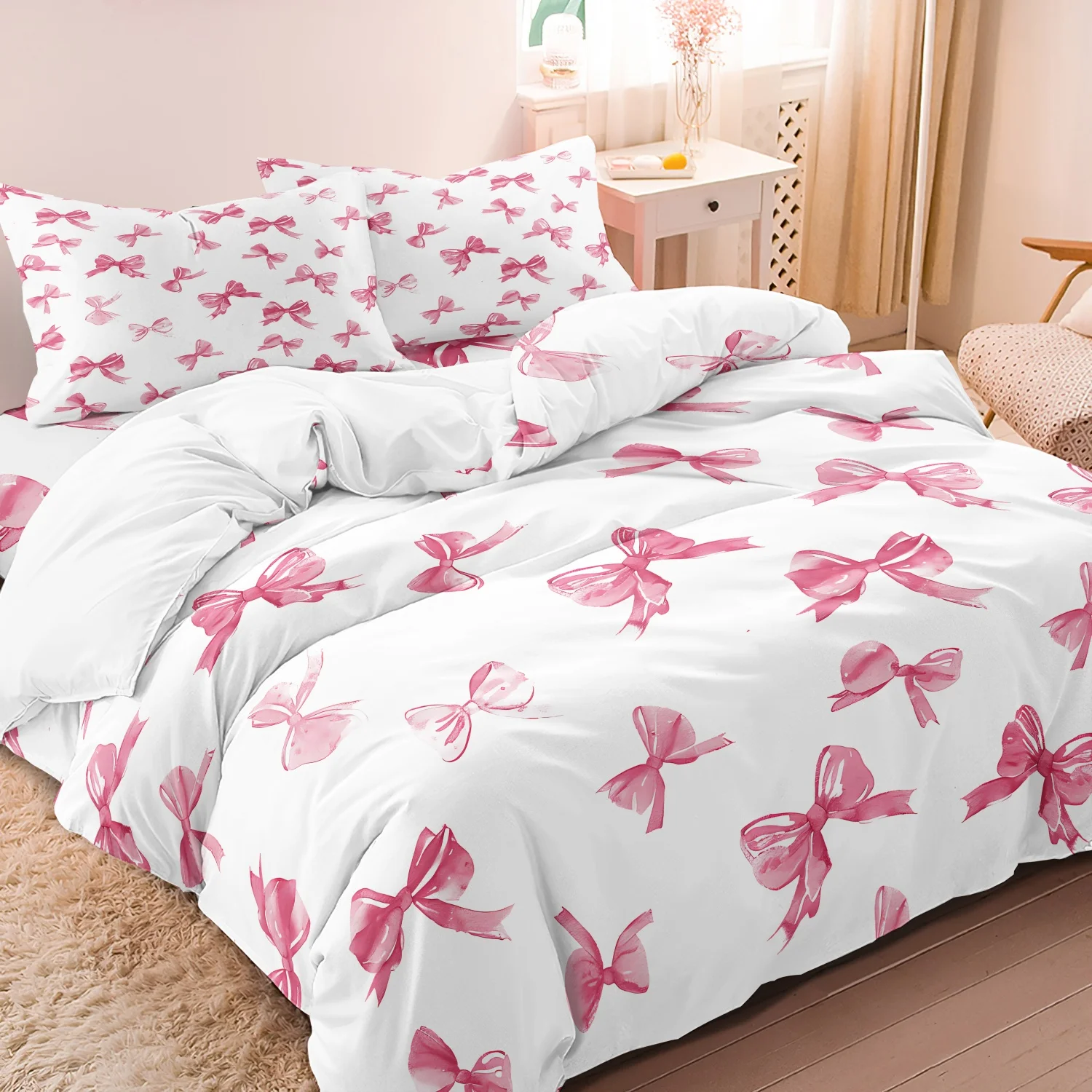 3 Pieces Pink Coquette Bow Print Duvet Cover Set, Bow Printed Bedding, For Bedroom Home Decoration, Multiple Sizes Available