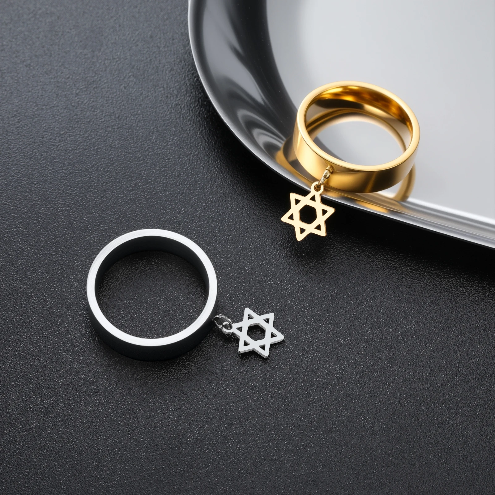 Skyrim Davidstern-Ring aus Edelstahl in Goldfarbe, Minimalistischer Fingerring, Hexagramm Jüdischer Schmuck für Frauen und Männer