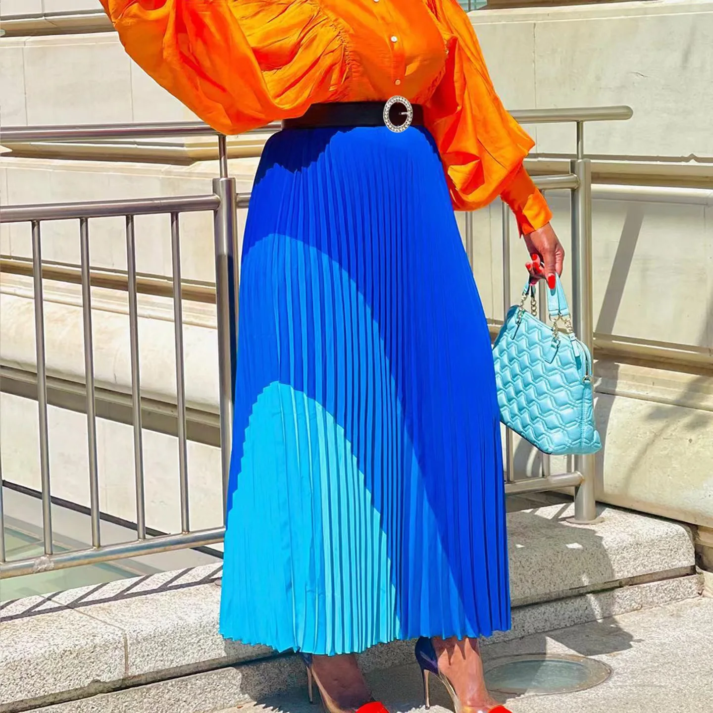 Faionable Color Blo A-Line Saia Plissada Midi Saia Commute Sle Mid Cintura Design Saia Longa Bainha Dobrada Outro Material