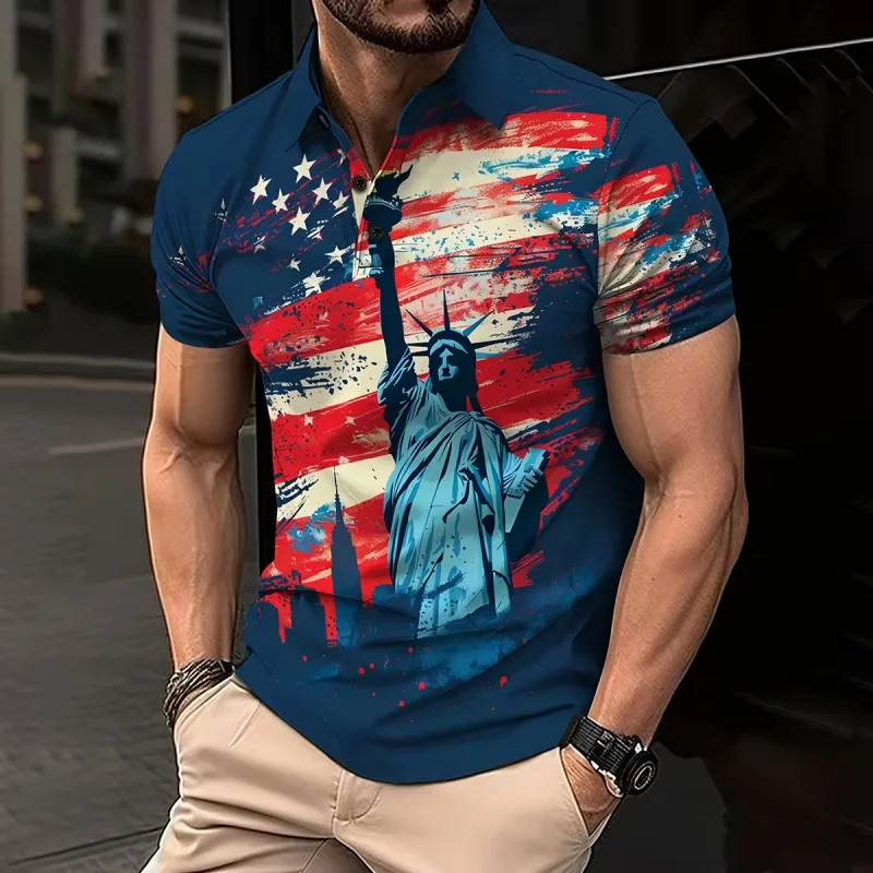 3D Printed Statue Of Liberty Polo Shirt For Men America Flag Pattern Tees Summer Street Loose Short Sleeve Tops Lapel T-Shirts
