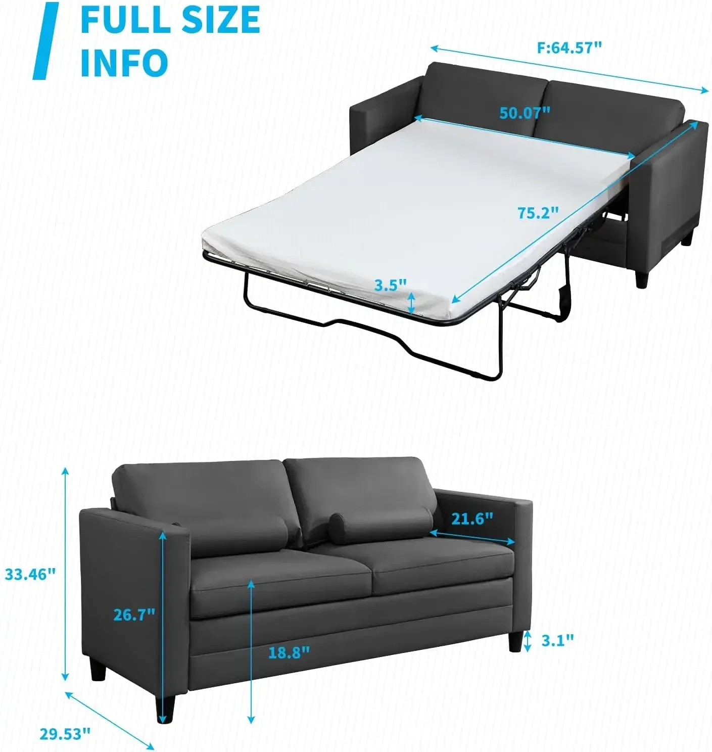 Faux Leather Pull Out Sofa Bed, Full Size Convertible Sleeper Sofa, 2-in-1 Modern Loveseat Couch Bed with Memory Form Mattress