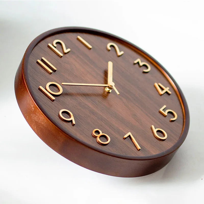 12 Inch Wooden Wall Clock, 3D Numerals Silent Solid Wood Frame Clock Modern Decorative Wall Watch for Living Room Bedroom Office