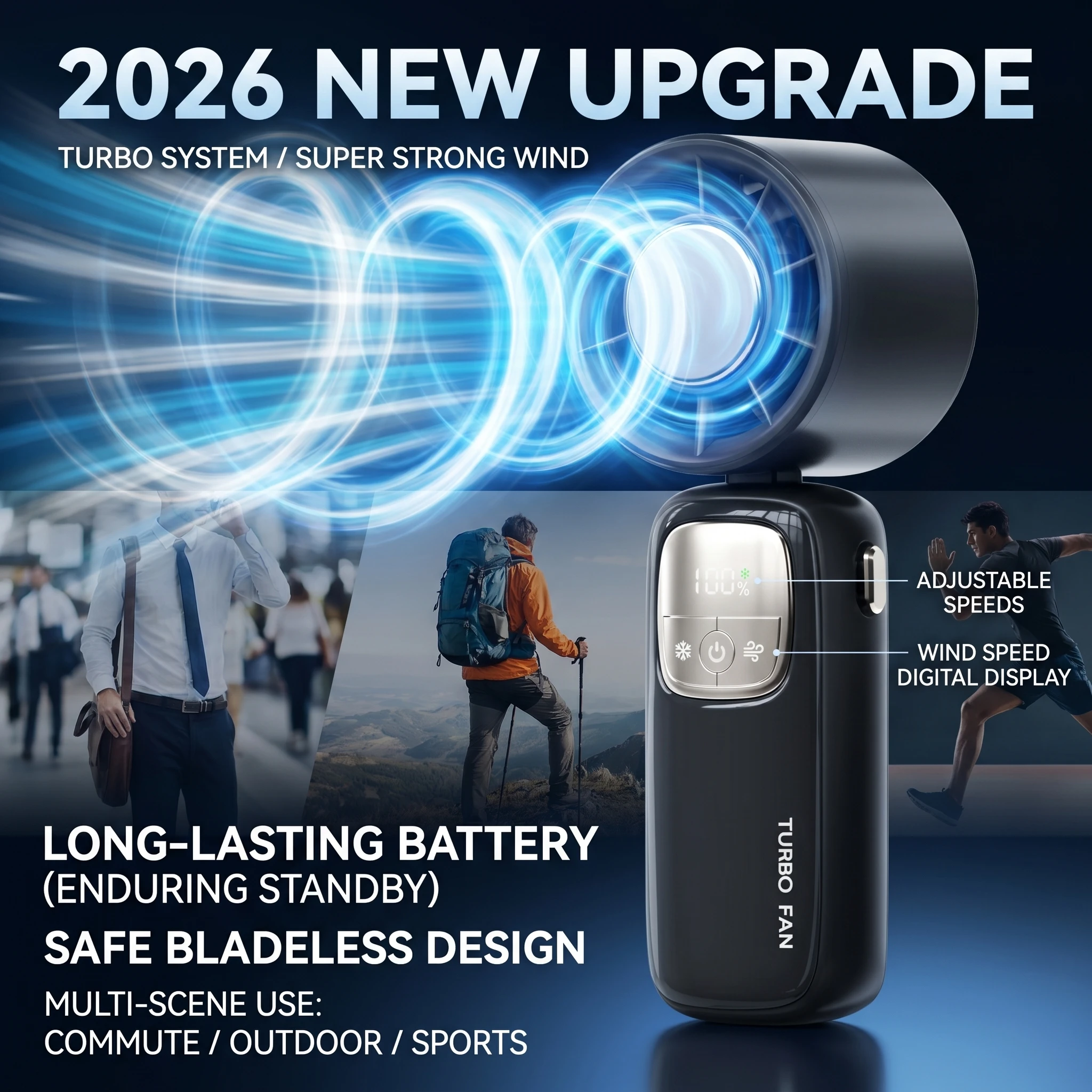2026 New Upgrade Digital Display 4000mAh Ice Cooling Mini Electric Fan Hanging Neck Handheld Fan Portable Turbo High-sp