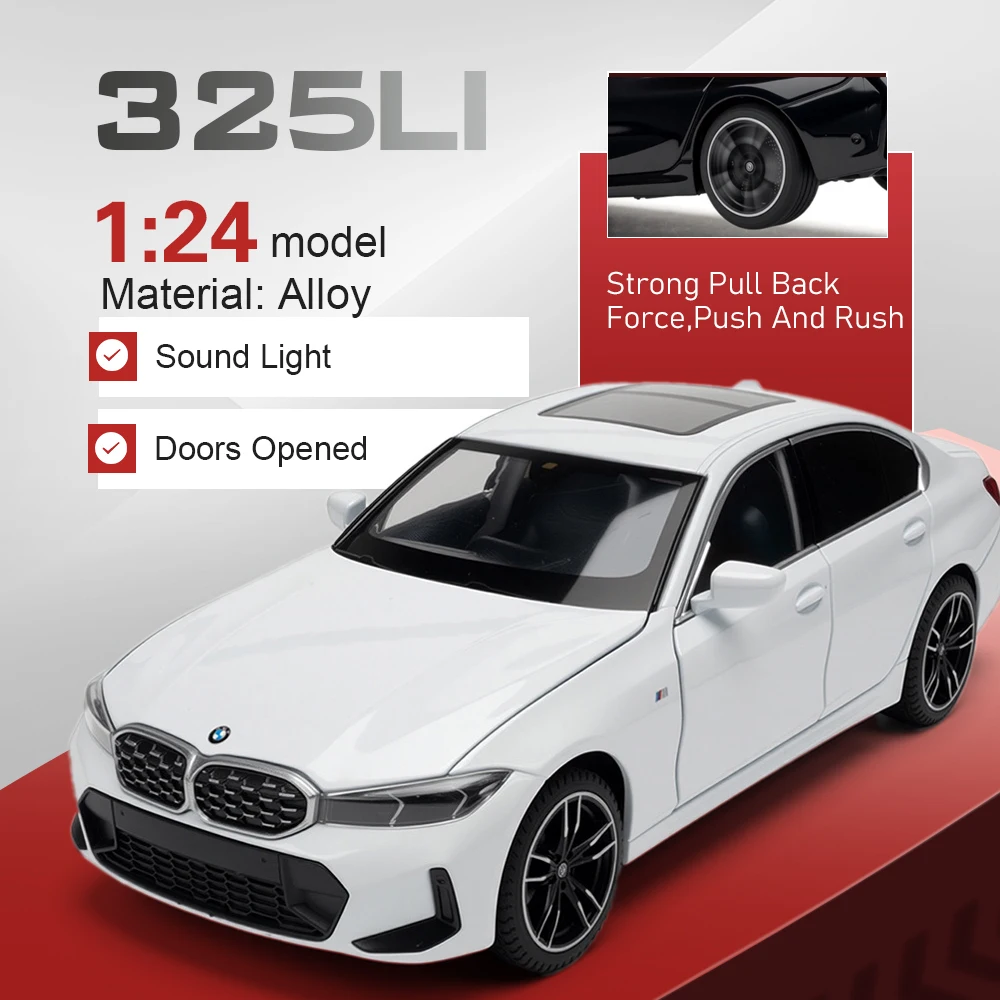 

1:24 325LI 530LI Toy Model Cars Metal Diecast Doors Opened Pull Back Front Wheel Steering Sound Light Education Vehicle Models