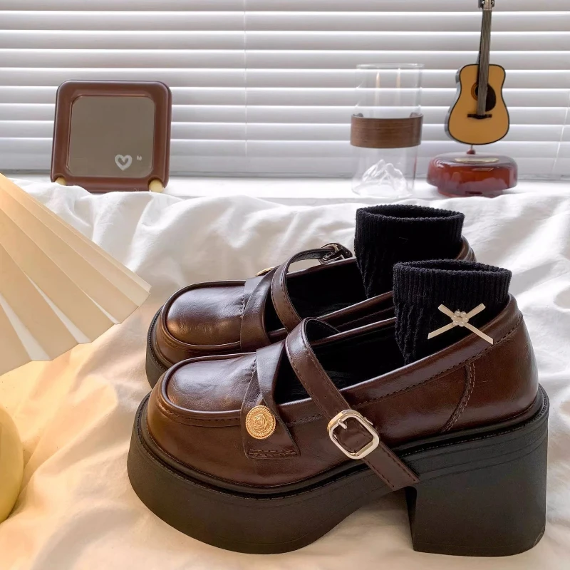

​2025 Autumn New Brown Vintage Chunky Heel Mary Jane British Style Thick Sole Shoes for Women Japanese Style Versatile Footwear