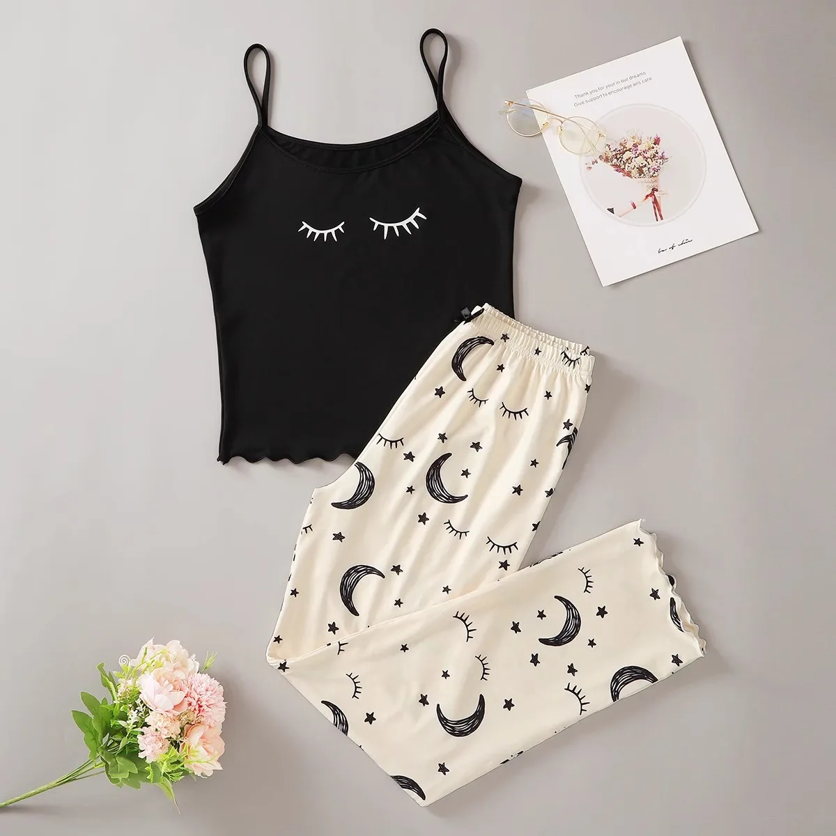 Women\'s 2pcs Cute Soft Comfy Set Moon Star Eyelash Print Sexy Sleepwear Sleeveless Trousers Homewear Pajama Set