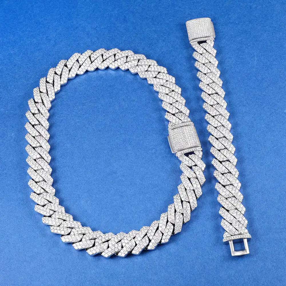 Luxury De Full Ice Out Lab Diamond Cuban Chain 19mm Width 2 Rows 925 Silver Moissanite Prong Link Chain Hip Hop Necklace with Gr