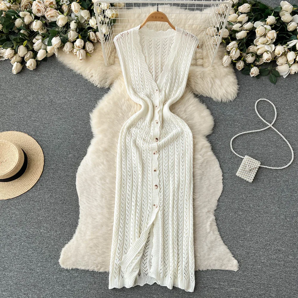 Summer Korean Chic Slim Hooked Flower Sleeveless Dress Women Single breasted V-neck Wrapped Hip Split Tank Top Long Dress Women