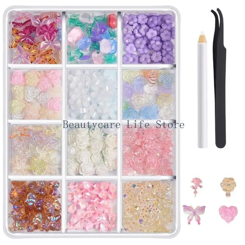 652C 1Box 3D Butterfly Nails Charm Mixed Ribbon Resin Nails Rhinestones Accessories Nails Decorations Nails Art Embellishment