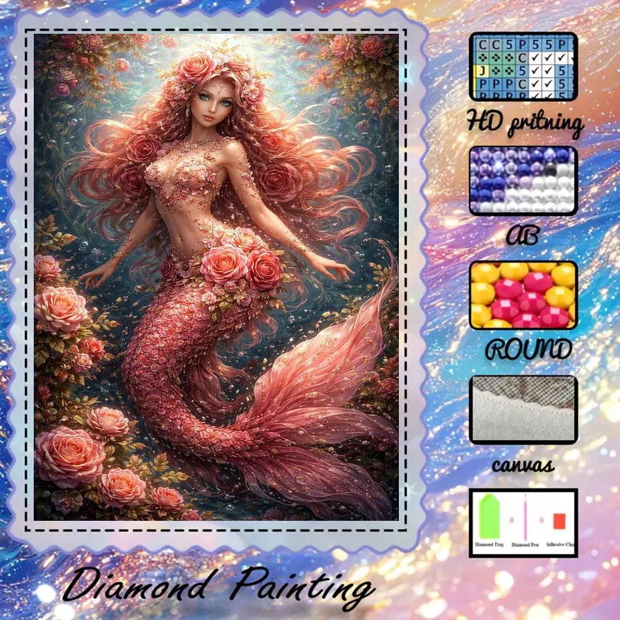 1 piece - 5D-DIY - Flocking cloth - Special drill - Diamond painting set - Mermaid, rose - Mosaic - Diamond art